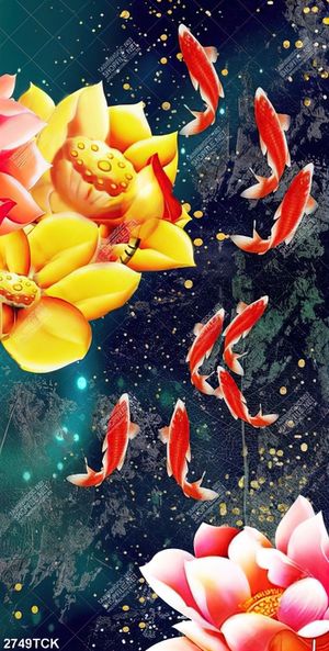 Tranh bông hoa sen vàng và những chú cá chép vàng in 3d