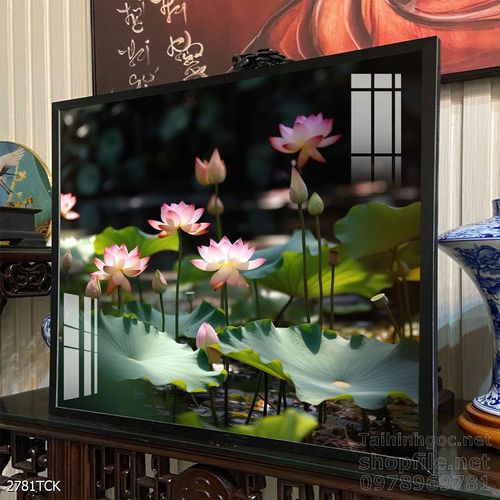 Tranh decor tường phòng khách cá chép hoa sen