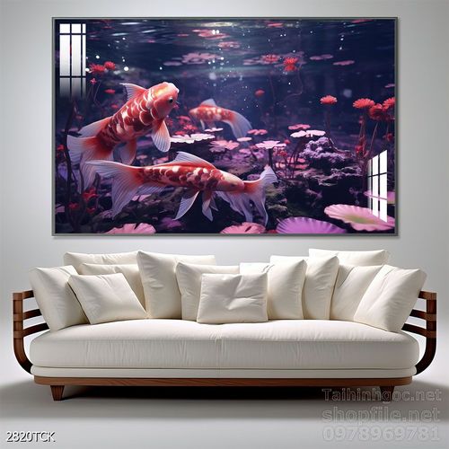 Mẫu tranh decor tường cá chép hoa sen 