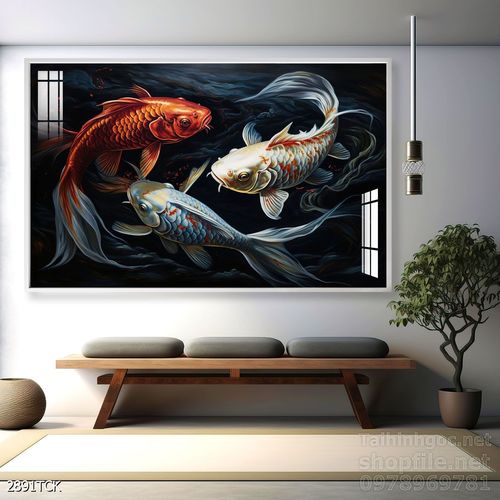 Mẫu tranh decor tường cá chép hoa sen 