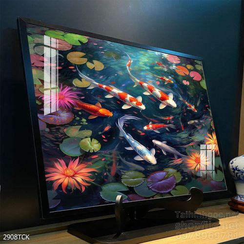 Mẫu tranh decor tường cá chép hoa sen 