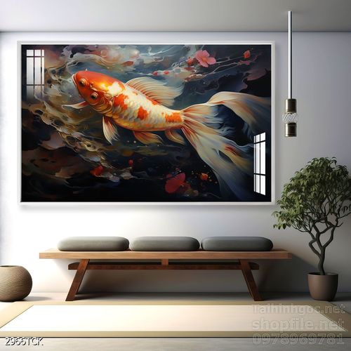 Tranh decor tường phòng khách cá chép hoa sen