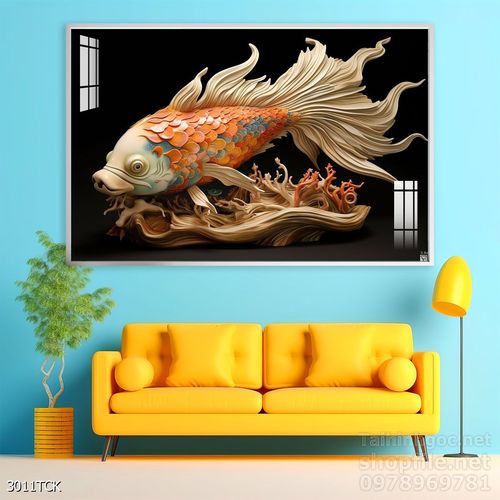 Tranh decor tường phòng khách cá chép hoa sen