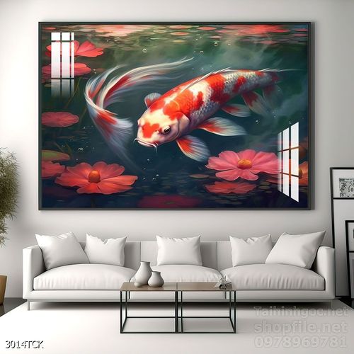 Mẫu tranh decor tường cá chép hoa sen 