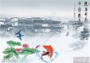 Tranh hoa sen, cá chép thư pháp đẹp