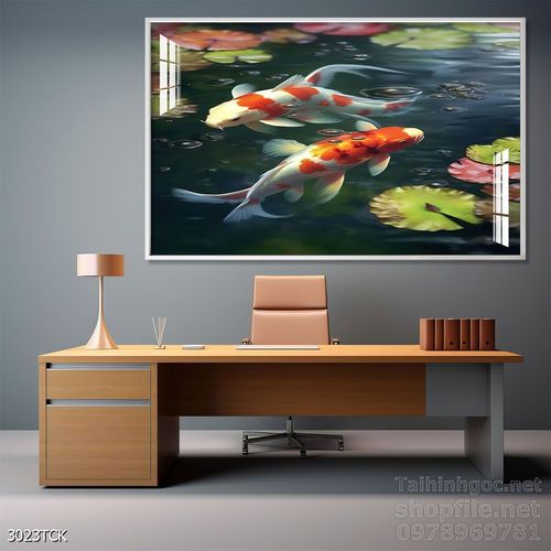 Mẫu tranh decor tường cá chép hoa sen 