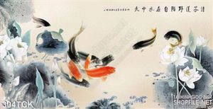 Tranh hoa sen, cá chép thư pháp treo tường