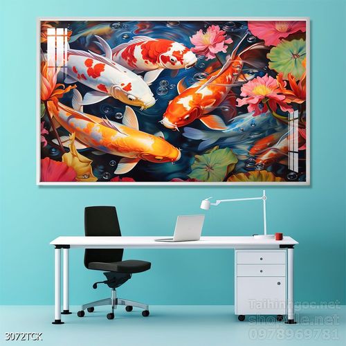 Tranh decor tường phòng khách cá chép hoa sen