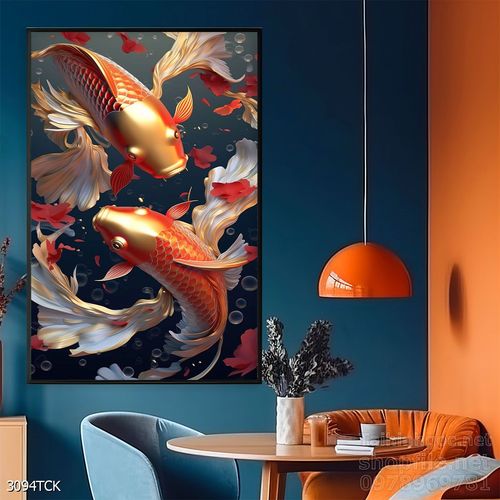 Mẫu tranh decor tường cá chép hoa sen 
