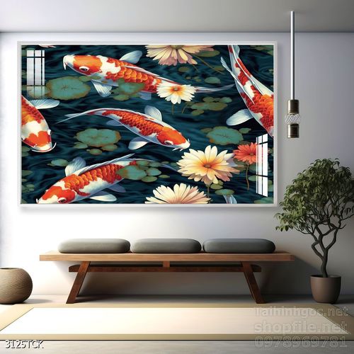 Tranh decor tường phòng khách cá chép hoa sen