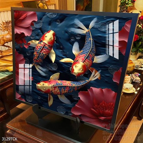 Mẫu tranh decor tường cá chép hoa sen 