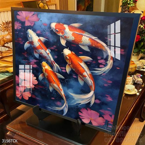 Mẫu tranh decor tường cá chép hoa sen 