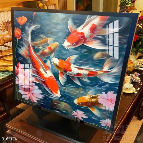 Mẫu tranh decor tường cá chép hoa sen 