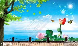Tranh hoa sen, cá chép dán tường đẹp