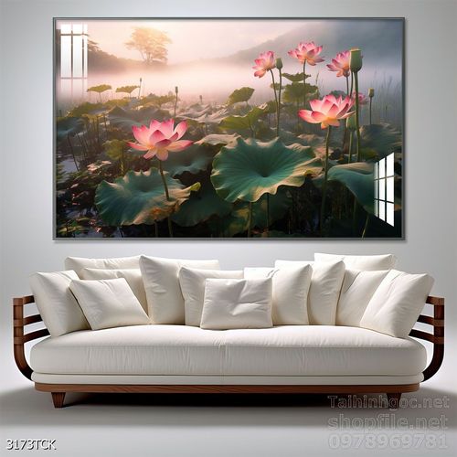 Mẫu tranh decor tường cá chép hoa sen 
