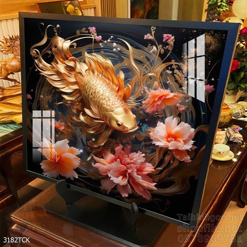 Mẫu tranh decor tường cá chép hoa sen 
