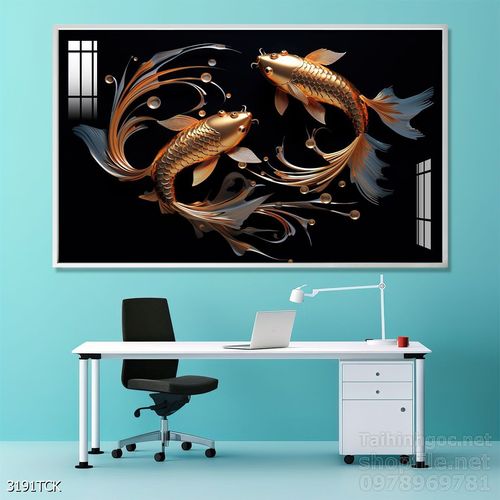 Mẫu tranh decor tường cá chép hoa sen 