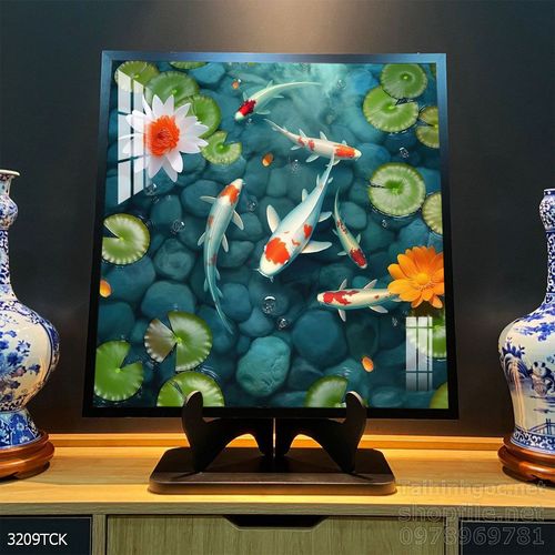 Mẫu tranh decor tường cá chép hoa sen 