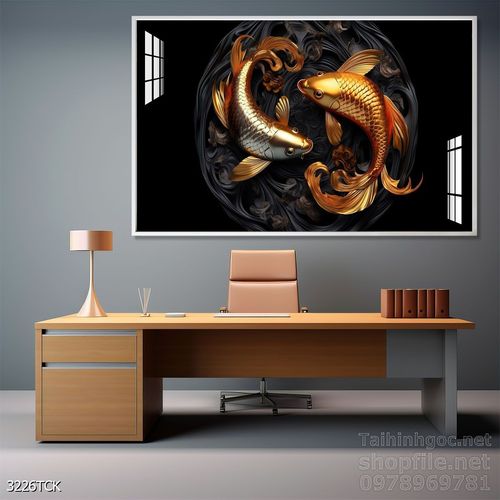 Mẫu tranh decor tường cá chép hoa sen 