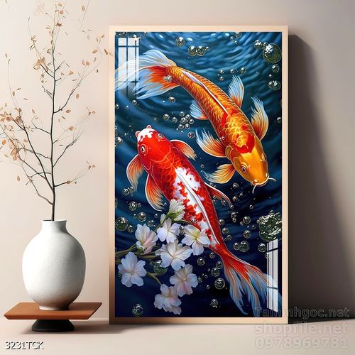 Tranh decor tường phòng khách cá chép hoa sen