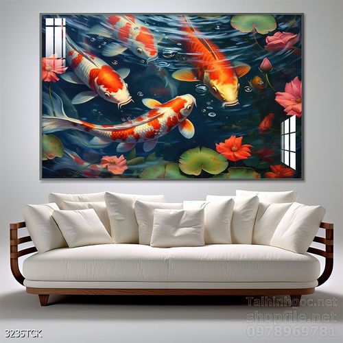 Mẫu tranh decor tường cá chép hoa sen 