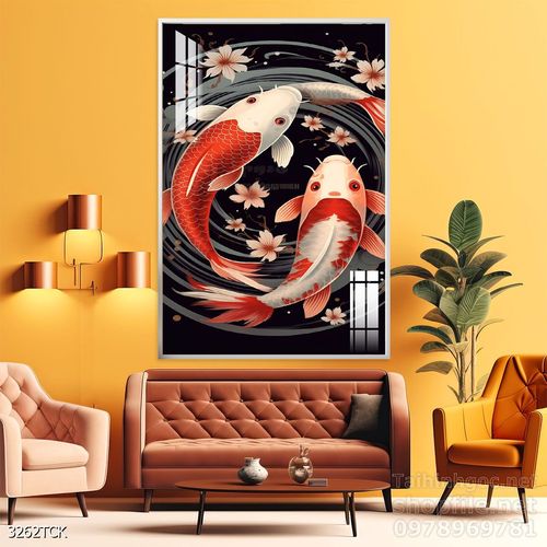 Mẫu tranh decor tường cá chép hoa sen 