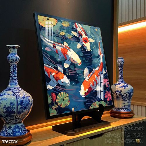 Tranh decor tường phòng khách cá chép hoa sen