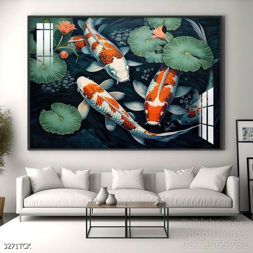 Mẫu tranh decor tường cá chép hoa sen 