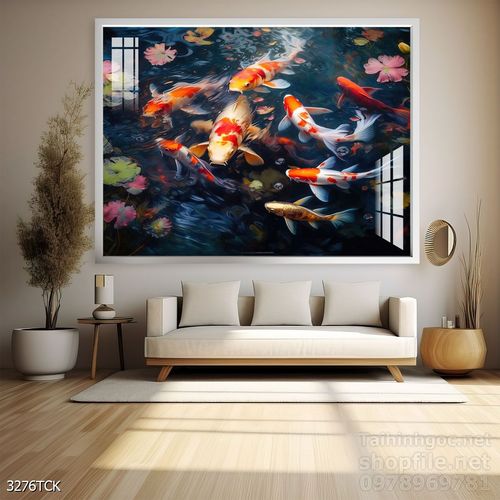 Tranh decor tường phòng khách cá chép hoa sen