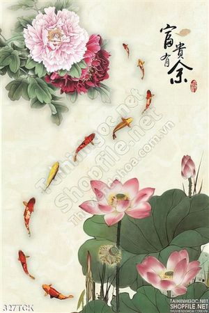Tranh hoa sen, cá chép thư pháp