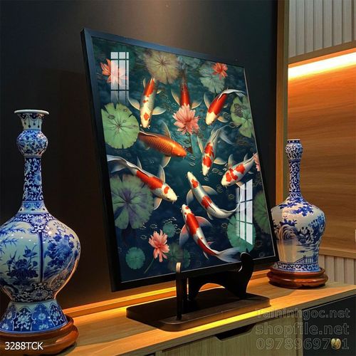 Mẫu tranh decor tường cá chép hoa sen 