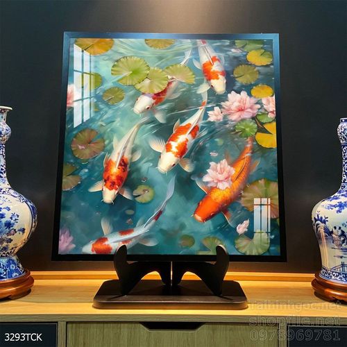 Tranh decor tường phòng khách cá chép hoa sen