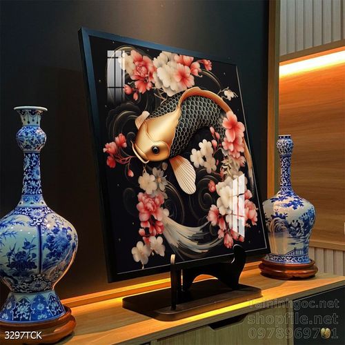 Mẫu tranh decor tường cá chép hoa sen 