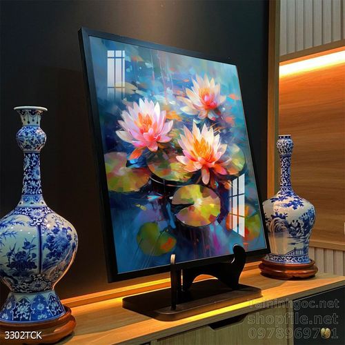 Tranh decor tường phòng khách cá chép hoa sen