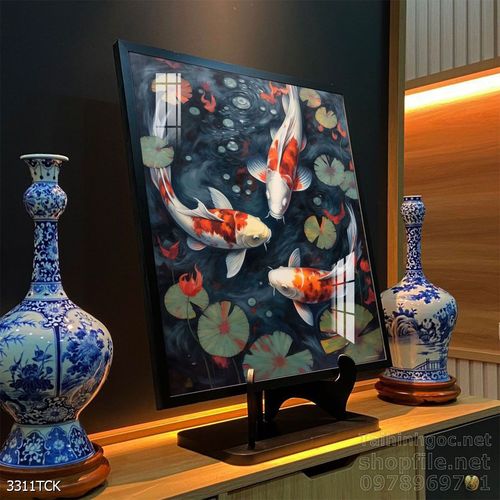 Tranh decor tường phòng khách cá chép hoa sen