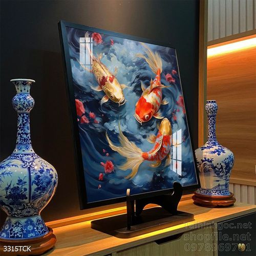 Mẫu tranh decor tường cá chép hoa sen 