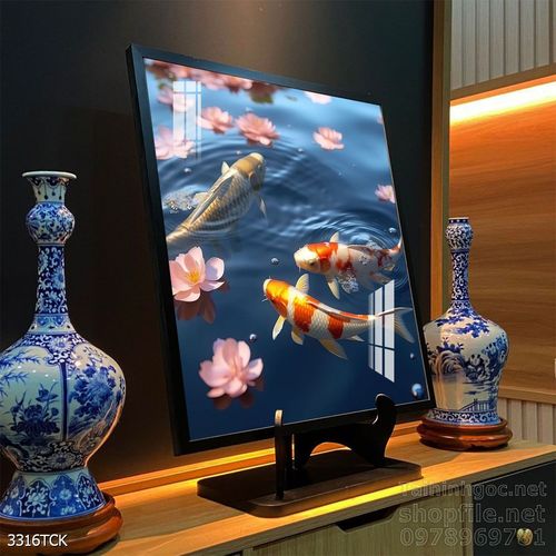 Tranh trang trí phòng khách cá chép hoa sen