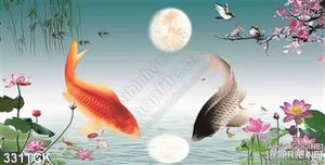 Tranh hoa sen, cá chép và phong cảnh