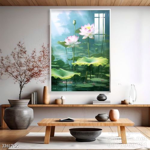 Mẫu tranh decor tường cá chép hoa sen 