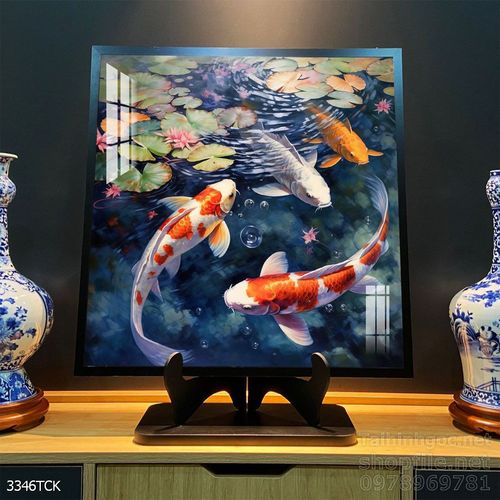 Tranh decor tường phòng khách cá chép hoa sen