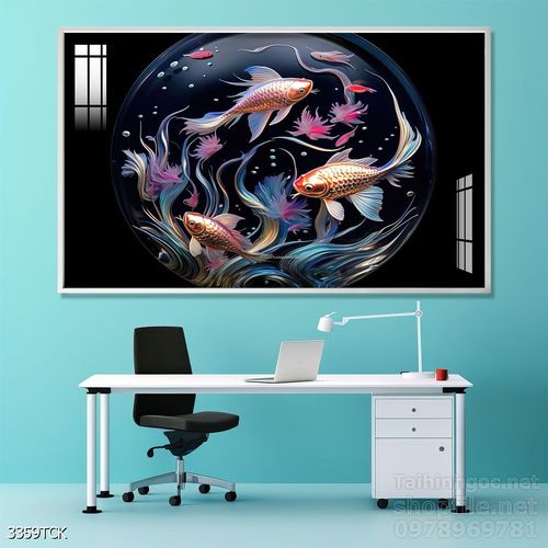 Mẫu tranh decor tường cá chép hoa sen 