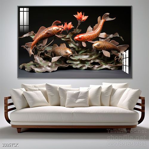Mẫu tranh decor tường cá chép hoa sen 