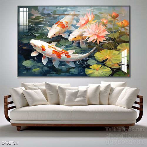 Tranh decor tường phòng khách cá chép hoa sen
