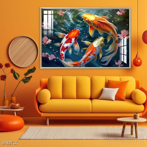 Mẫu tranh decor tường cá chép hoa sen 