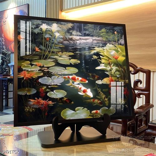 Mẫu tranh decor tường cá chép hoa sen 