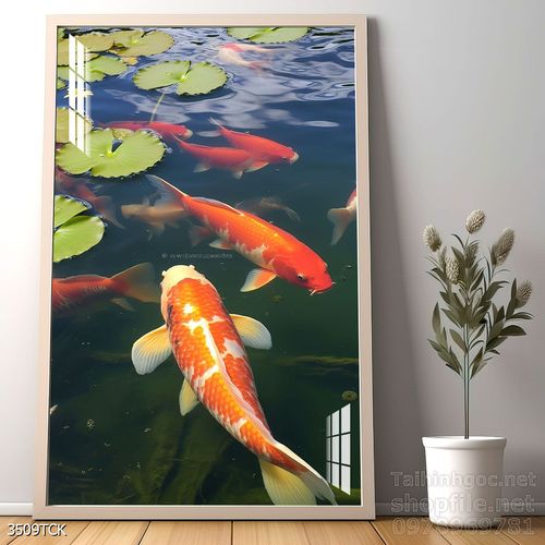 Mẫu tranh decor tường cá chép hoa sen 