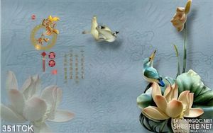 Tranh hoa sen, cá chép giả ngọc dán tường