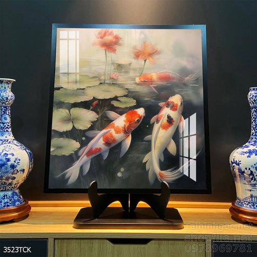 Tranh decor tường phòng khách cá chép hoa sen
