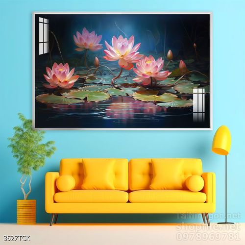 Mẫu tranh decor tường cá chép hoa sen 