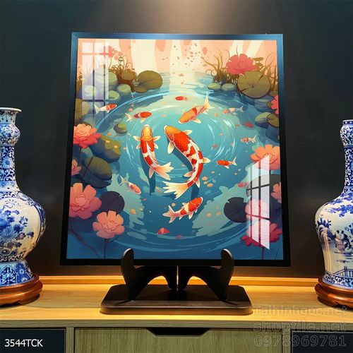 Mẫu tranh decor tường cá chép hoa sen 